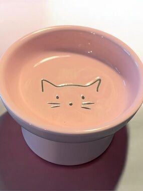 Pink Cat Ceramic Elevated Pet Bowl - Cute Raised Feeding Dish